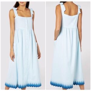 Juliet Dunn Tie Shoulder Dress Midi Tonal Cotton Ric Rac Blue Size Medium